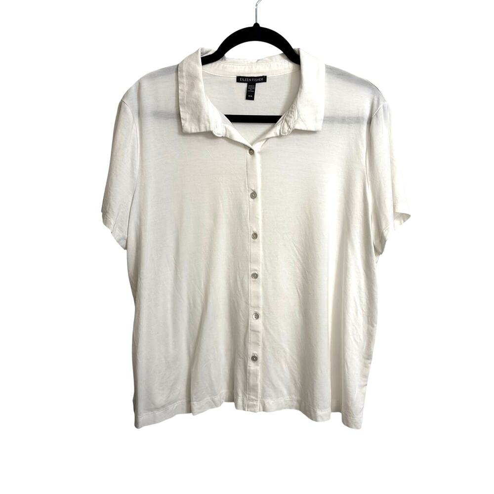 Eileen Fisher Polo Shirt Womens Medium White Collared Button Front Short Sleeve